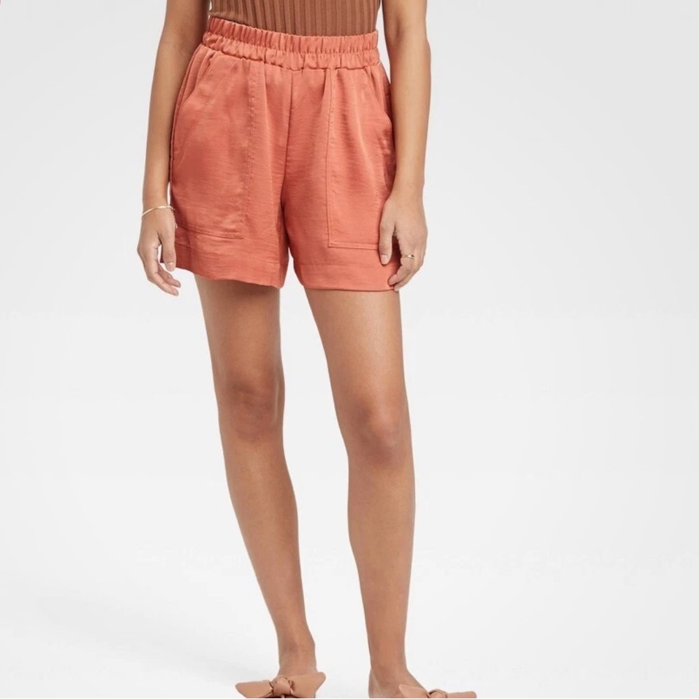 A New Day Women's Satin High Rise Pull On Shorts XL Orange Stretchy W Pockets - Picture 7 of 12